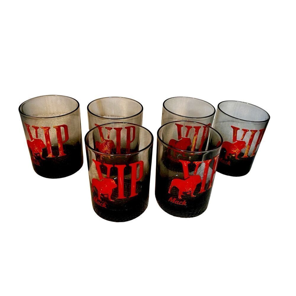 Set of 6 1960's /70's • Mack Truck VIP • Bulldog Smoke Glasses Lowball Cocktail